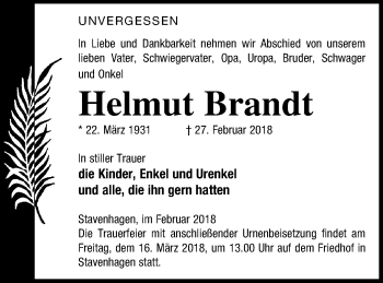 Traueranzeige von Helmut Brandt von Mecklenburger Schweiz