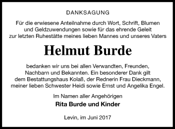 Traueranzeige von Helmut Burde von Mecklenburger Schweiz