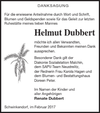 Traueranzeige von Helmut Dubbert von Mecklenburger Schweiz