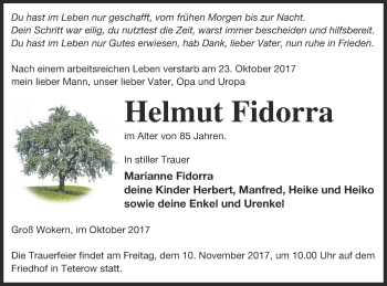 Traueranzeige von Helmut Fidorra von Mecklenburger Schweiz