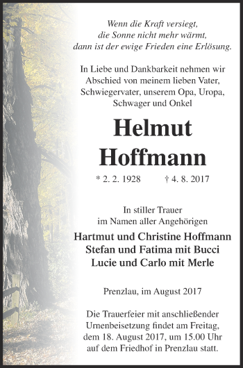 Traueranzeige von Helmut Hoffmann von Prenzlauer Zeitung