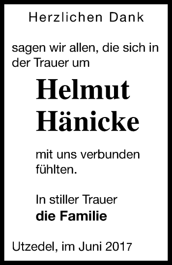 Traueranzeige von Helmut Hänicke von Demminer Zeitung