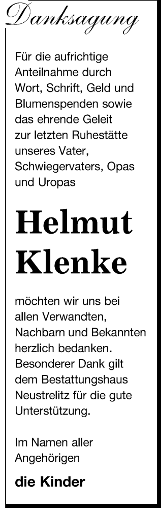 Traueranzeige von Helmut Klenke von Strelitzer Zeitung