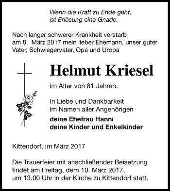 Traueranzeige von Helmut Kriesel von Mecklenburger Schweiz