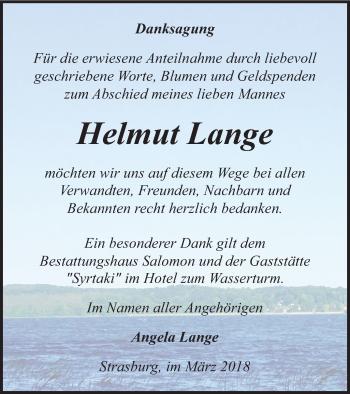 Traueranzeige von Helmut Lange von Pasewalker Zeitung