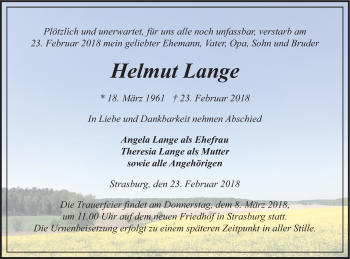 Traueranzeige von Helmut Lange von Pasewalker Zeitung
