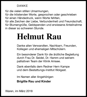 Traueranzeige von Helmut Rau von Müritz-Zeitung