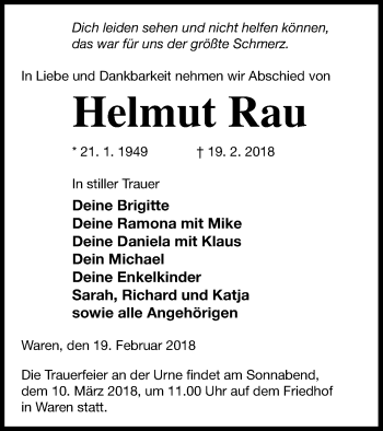 Traueranzeige von Helmut Rau von Müritz-Zeitung