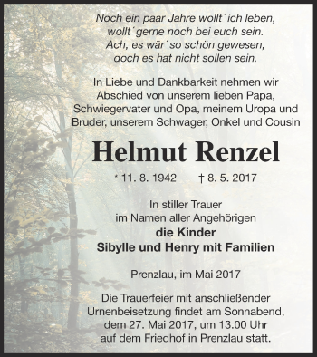Traueranzeige von Helmut Renzel von Prenzlauer Zeitung