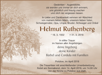 Traueranzeige von Helmut Ruthenberg von Prenzlauer Zeitung