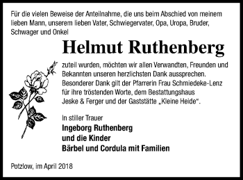 Traueranzeige von Helmut Ruthenberg von Prenzlauer Zeitung