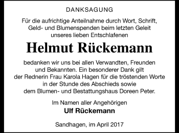 Traueranzeige von Helmut Rückemann von Neubrandenburger Zeitung