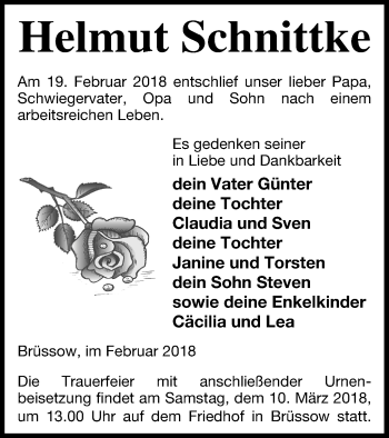 Traueranzeige von Helmut Schnittke von Prenzlauer Zeitung