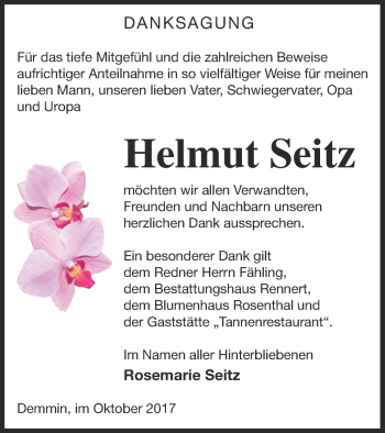 Traueranzeige von Helmut Seitz von Demminer Zeitung