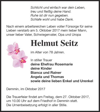 Traueranzeige von Helmut Seitz von Demminer Zeitung