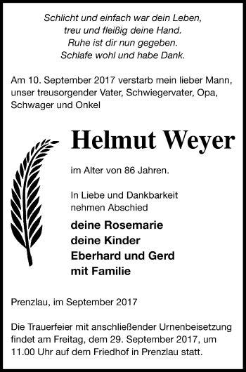 Traueranzeige von Helmut Weyer von Prenzlauer Zeitung