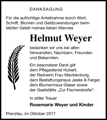 Traueranzeige von Helmut Weyer von Prenzlauer Zeitung