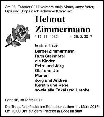 Traueranzeige von Helmut Zimmermann von Haff-Zeitung