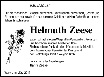 Traueranzeige von Helmuth Zeese von Müritz-Zeitung