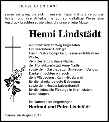 Traueranzeige von Henni Lindstädt von Strelitzer Zeitung