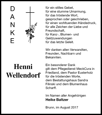 Traueranzeige von Henni Wellendorf von Neubrandenburger Zeitung