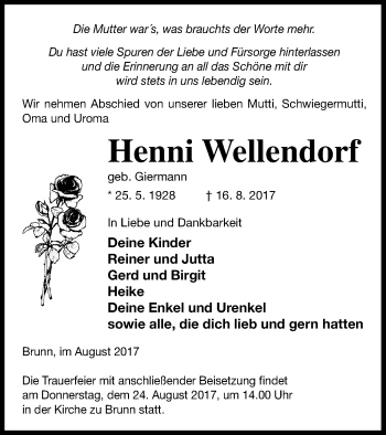 Traueranzeige von Henni Wellendorf von Neubrandenburger Zeitung