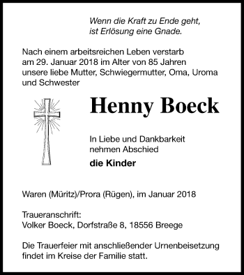 Traueranzeige von Henny Boeck von Müritz-Zeitung