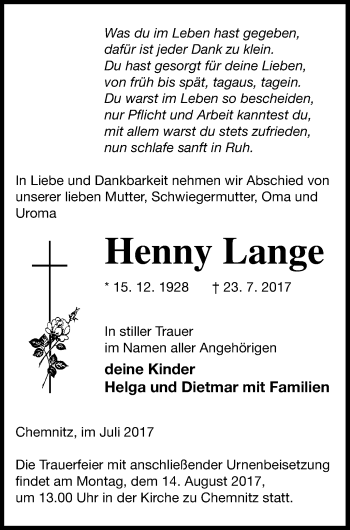 Traueranzeige von Henny Lange von Neubrandenburger Zeitung