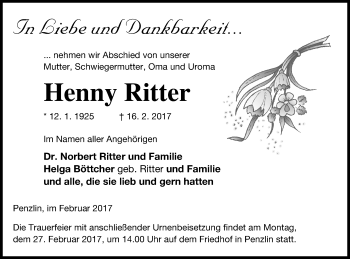 Traueranzeige von Henny Ritter von Müritz-Zeitung