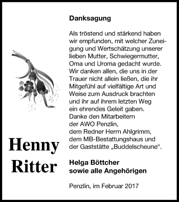 Traueranzeige von Henny Ritter von Müritz-Zeitung