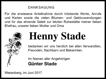 Traueranzeige von Henny Stade von Strelitzer Zeitung