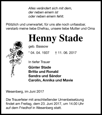 Traueranzeige von Henny Stade von Strelitzer Zeitung