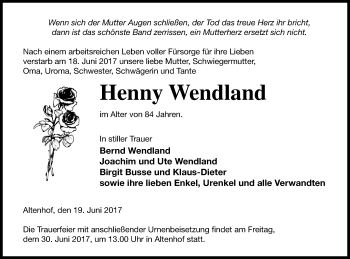 Traueranzeige von Henny Wendland von Müritz-Zeitung