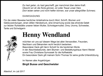 Traueranzeige von Henny Wendland von Müritz-Zeitung