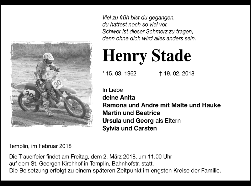  Traueranzeige für Henry Stade vom 24.02.2018 aus Templiner Zeitung