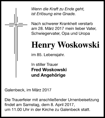 Traueranzeige von Henry Woskowski von Neubrandenburger Zeitung