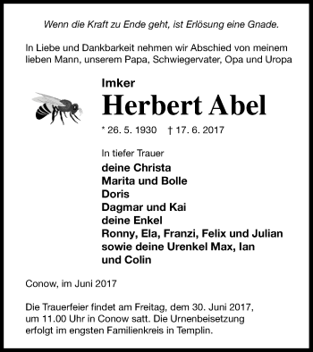 Traueranzeige von Herbert Abel von Strelitzer Zeitung