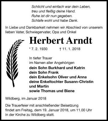 Traueranzeige von Herbert Arndt von Neubrandenburger Zeitung