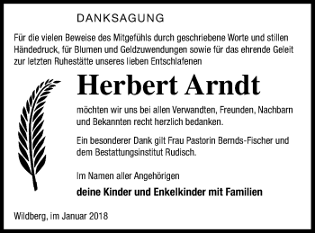 Traueranzeige von Herbert Arndt von Neubrandenburger Zeitung