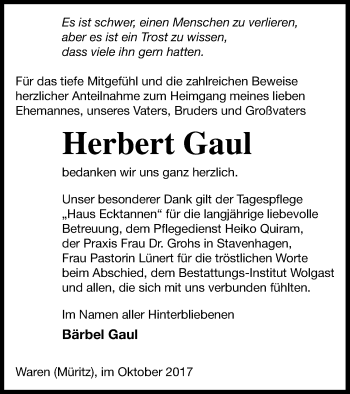 Traueranzeige von Herbert Gaul von Müritz-Zeitung