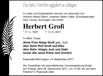 Traueranzeige von Herbert Groß von Pasewalker Zeitung