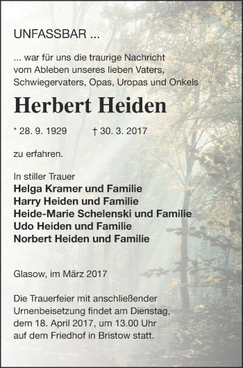 Traueranzeige von Herbert Heiden von Mecklenburger Schweiz