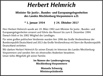 Traueranzeige von Herbert Helmrich von Nordkurier Gesamtausgabe