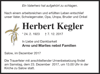 Traueranzeige von Herbert Kegler von Neubrandenburger Zeitung