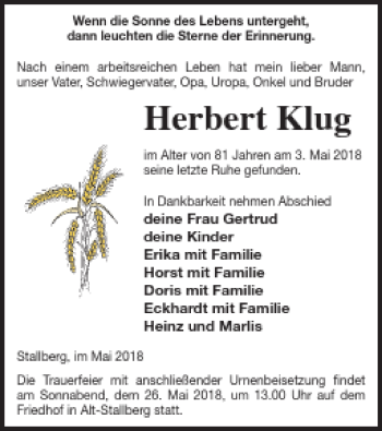 Traueranzeige von Herbert Klug von Haff-Zeitung