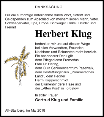 Traueranzeige von Herbert Klug von Haff-Zeitung