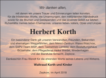 Traueranzeige von Herbert Korth von Müritz-Zeitung