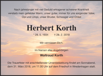 Traueranzeige von Herbert Korth von Müritz-Zeitung