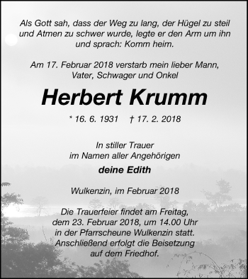 Traueranzeige von Herbert Krumm von Neubrandenburger Zeitung