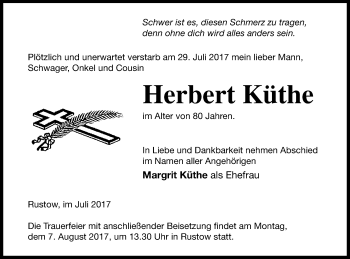 Traueranzeige von Herbert Küthe von Vorpommern Kurier